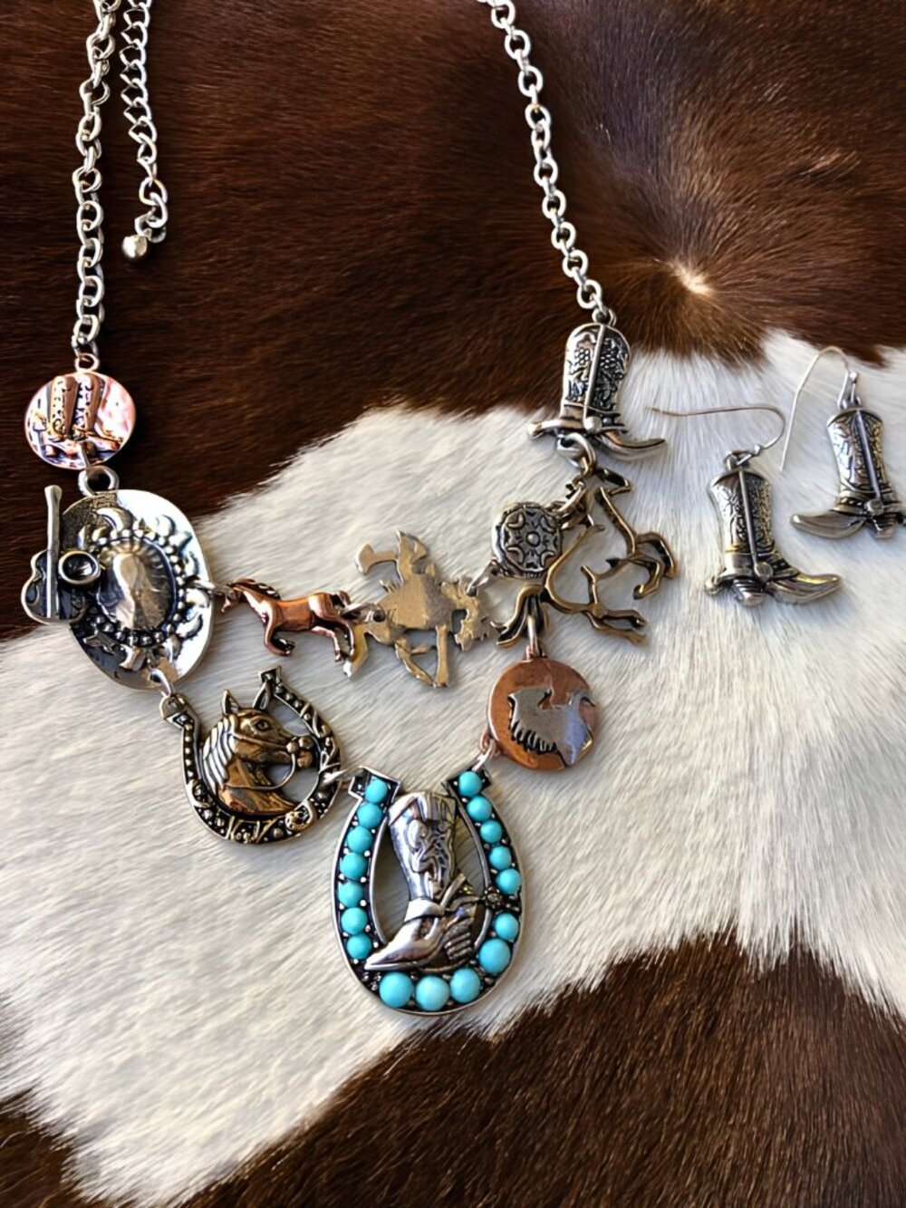 Western Boho Horse Charm Necklace & Earrings SET - NEW - Cowgirl Jewelry